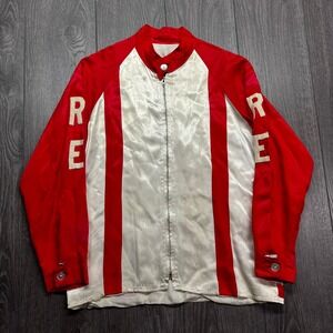 Vintage 50s Satin Racing Jacket Red White Striped Lightning Zip RE Felt Patch